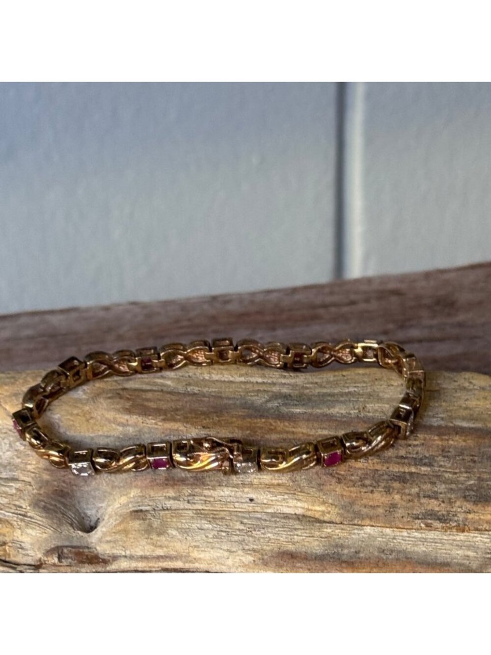 925 Sterling Silver Gold Vermeil Ruby CZ Link Bracelet 7"